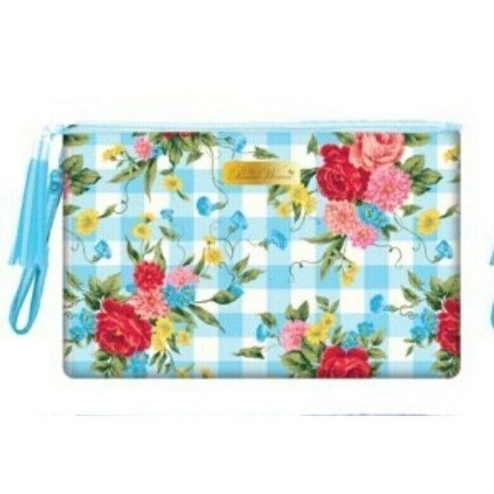 Pioneer Woman Sweet Rose Blue Cosmetic Tote Wristlet Makeup Bag Travel Gift NEW